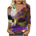thumbnail image 2 of Cavosen Carnival Day Ladies Blouses 3/4 Sleeve Holiday Mardi Gras V Neck Shirts Mask Graphic Print Blouse Festival Trendy Tops Loose Workout T-Shirts Party Shrove Tuesday Themed Tees 5XL, 2 of 4