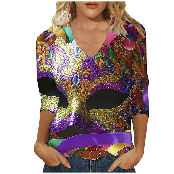 Tmtolofot Mardi Gras Womens Shirts 3/4 Sleeve Blouses Vneck Pullover Shirts Loose Tunic Clothing Mask Printed Carnival Psrty Costume,#1_Multicolor,Small