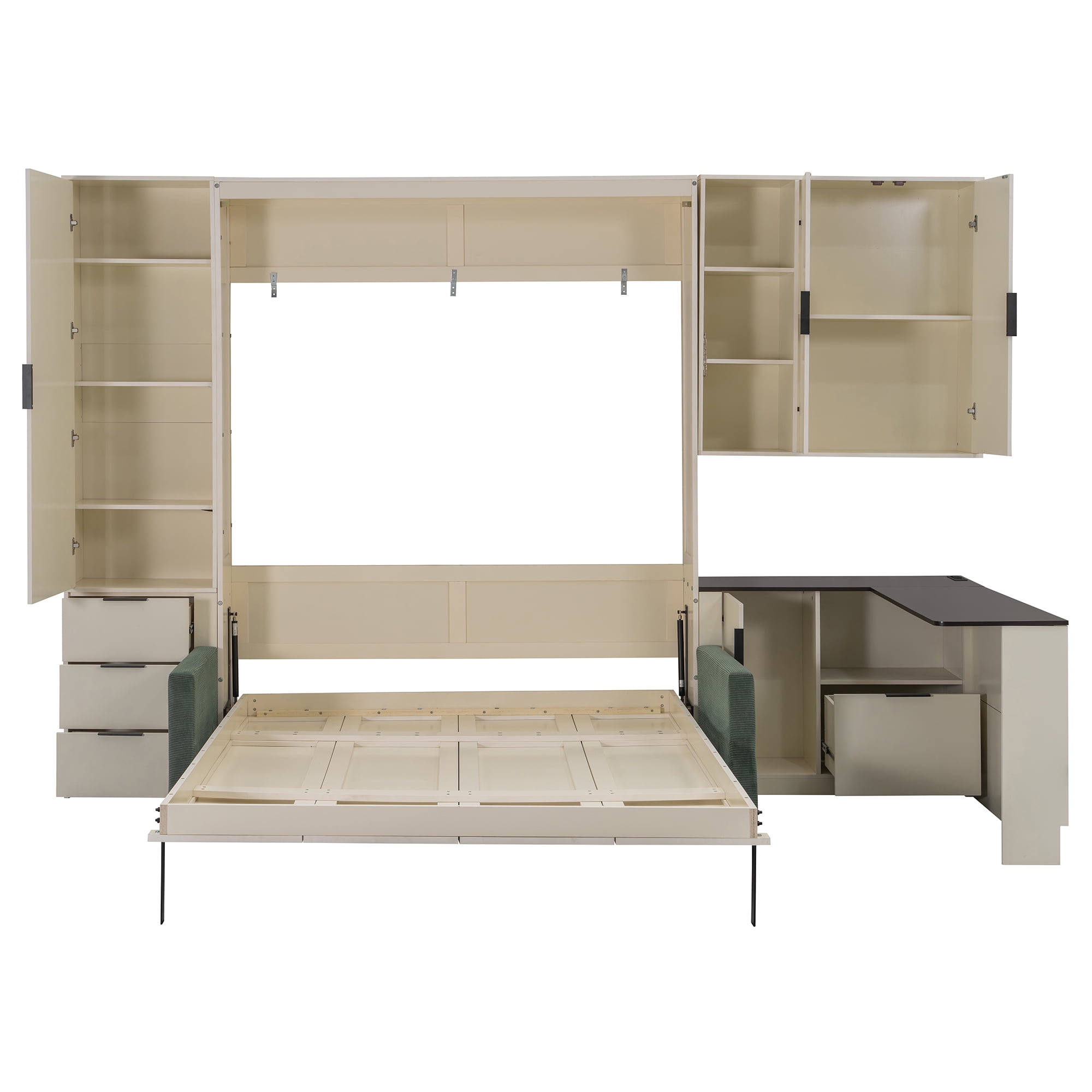 Queen Size Murphy Bed with Sofa, Writing Desk, Storage Shelves & Drawers, LED and USB for Small Space, Guest Room