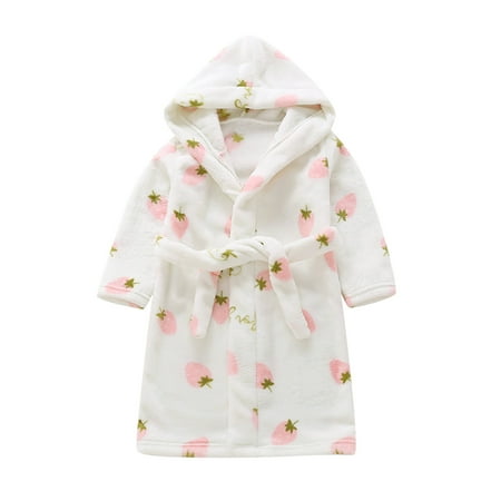

Boys Girls Fleece Bathrobe Strawberry Hooded Toddler Soft Fuzzy Robe for Kids 1-6 Years Winter Warm Warp Blanket with Belt