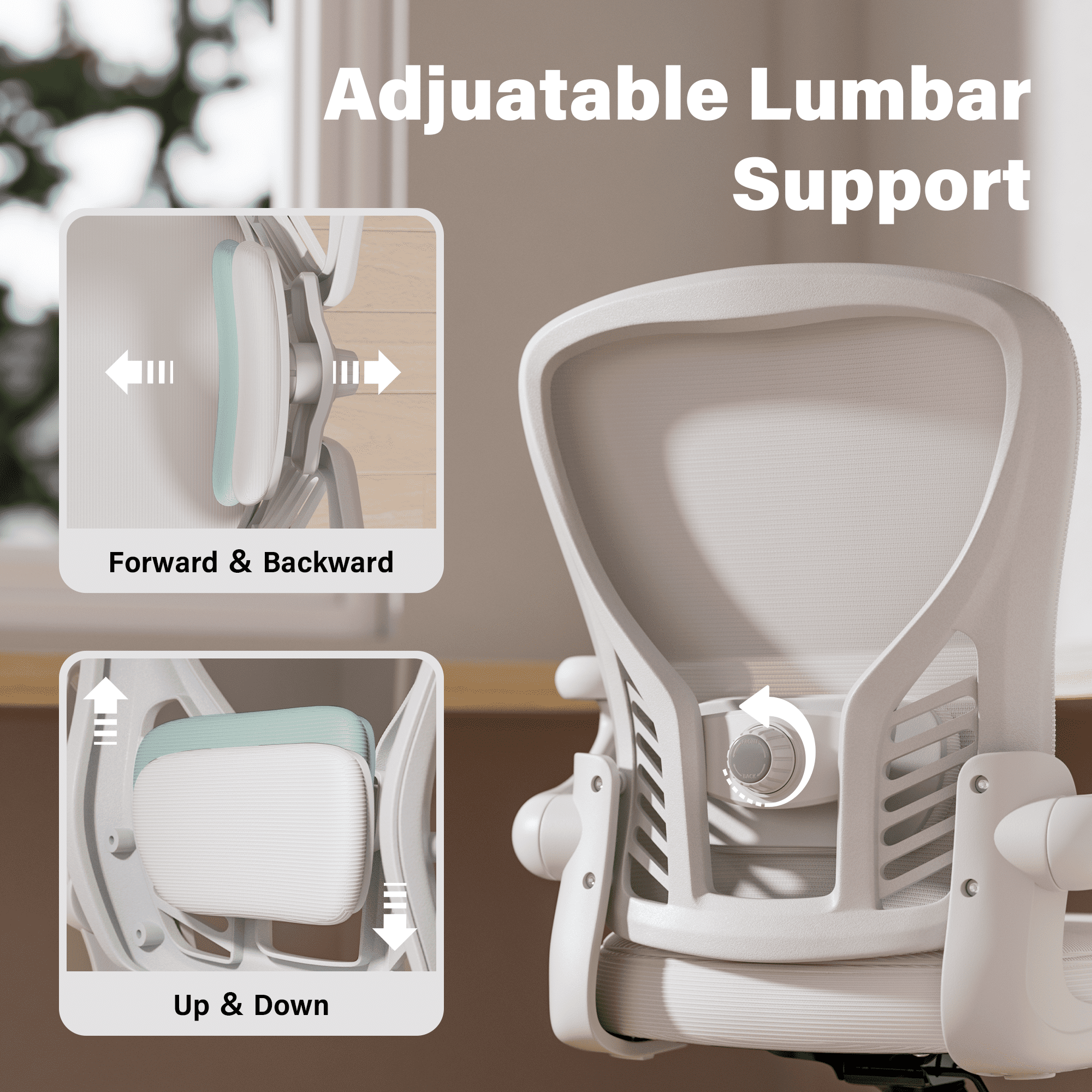 Solfway White Mesh Office Chair, Ergonomic Desk Chair with Adjustable Lumbar Support, 3D Flip-up Arms, Wheels, Rocking Function
