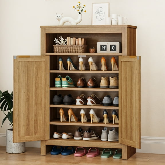 ModFusion Natural Wood Color Shoe Cabinet with Woven Rattan Doors, Adjustable Shelves & Magnetic Closure