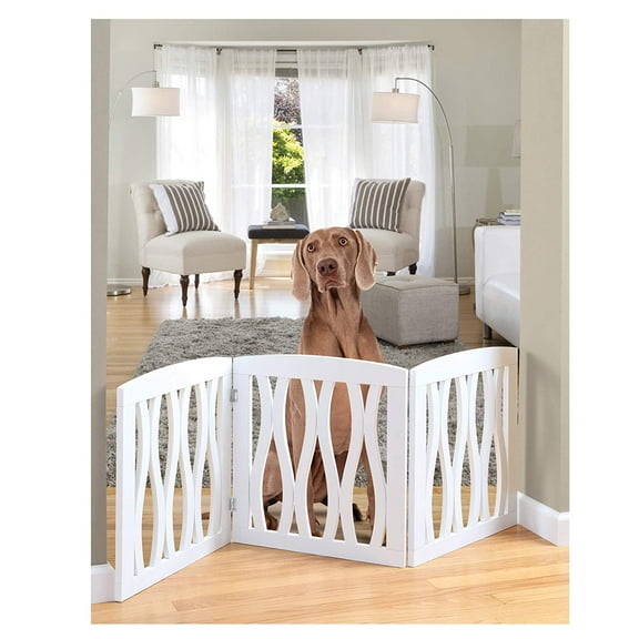 Zoogamo White Wooden Waves Design Pet Gate, Indoor, Outdoor Barrier for Stairs