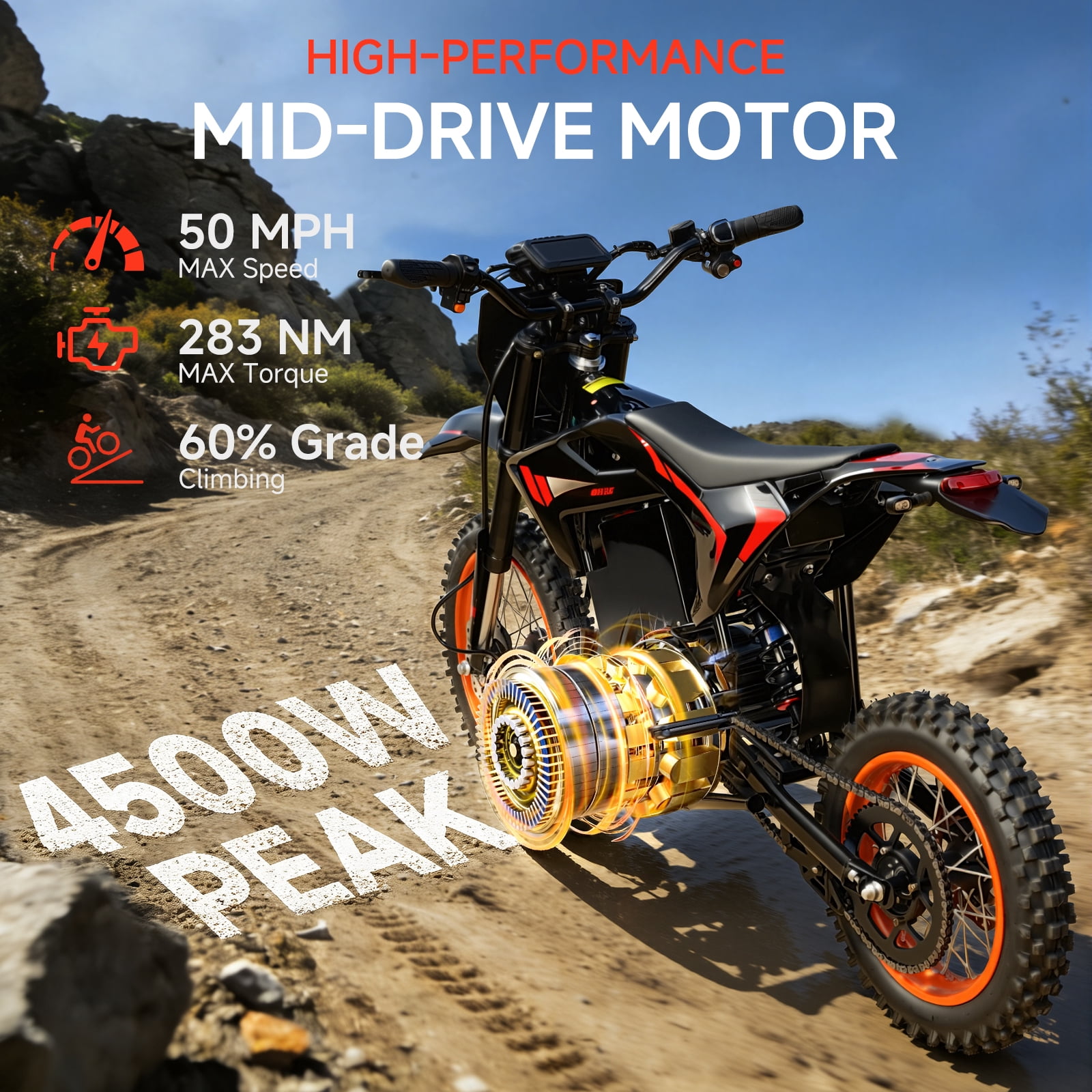 4500W Peak Electric Dirt Bike, 60V 28.8AH Battery Electric Motorcycle, 50MPH Max Speed & 60 Miles Range, Mid-Drive Motor, Dual Hydraulic Brakes, 14"/12" Fat Tire Off-Road E Bike for Adults, IP65 Wate