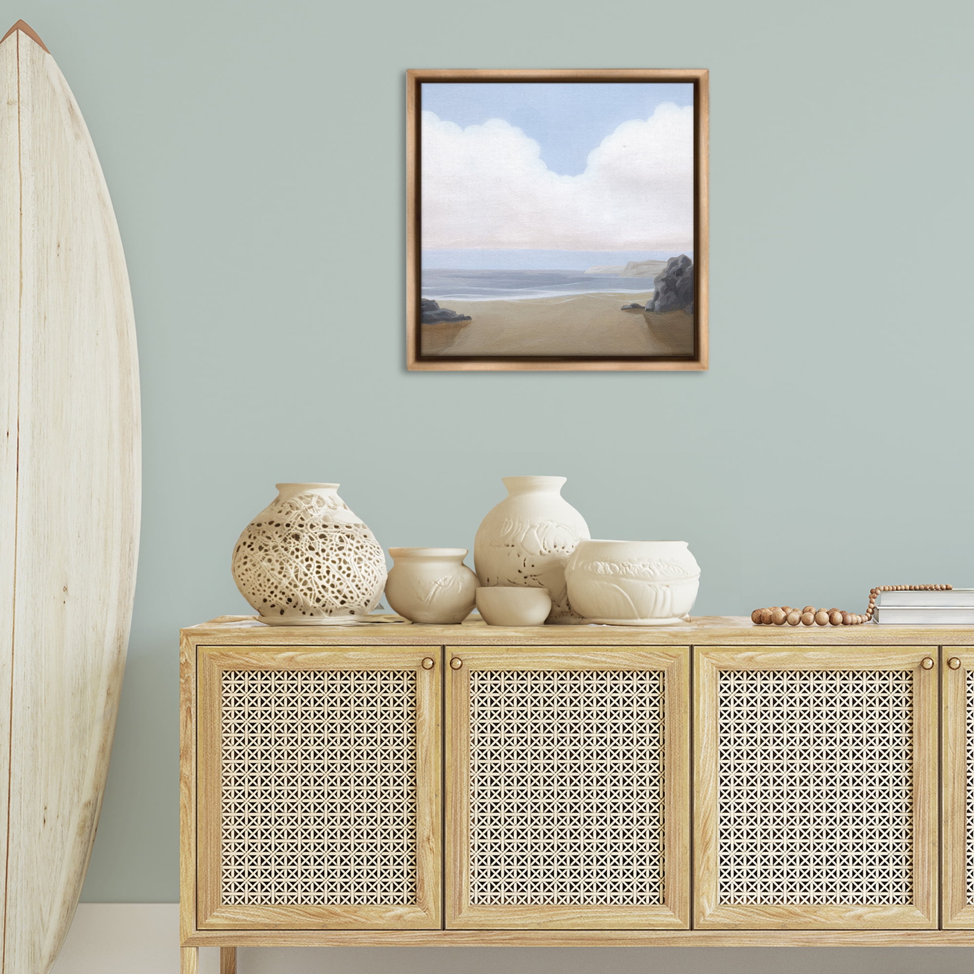 Stupell Industries Soft Clouds Over Beach Landscape Painting Brown Floater Framed Canvas Art Print Wall Art, 25 x 25