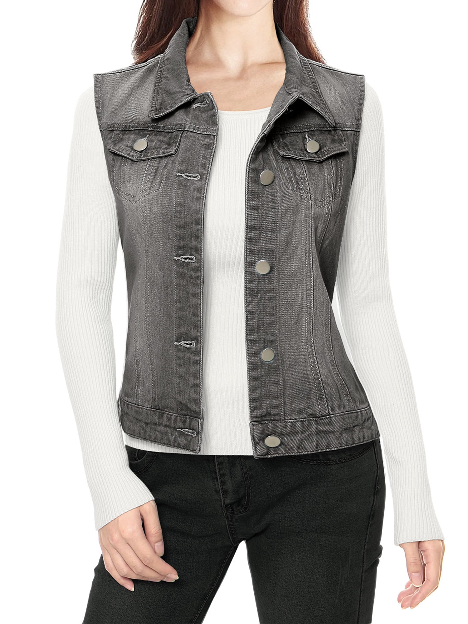 Allegra K Women's Washed Chest Flap Pockets Single Breasted Denim Vest