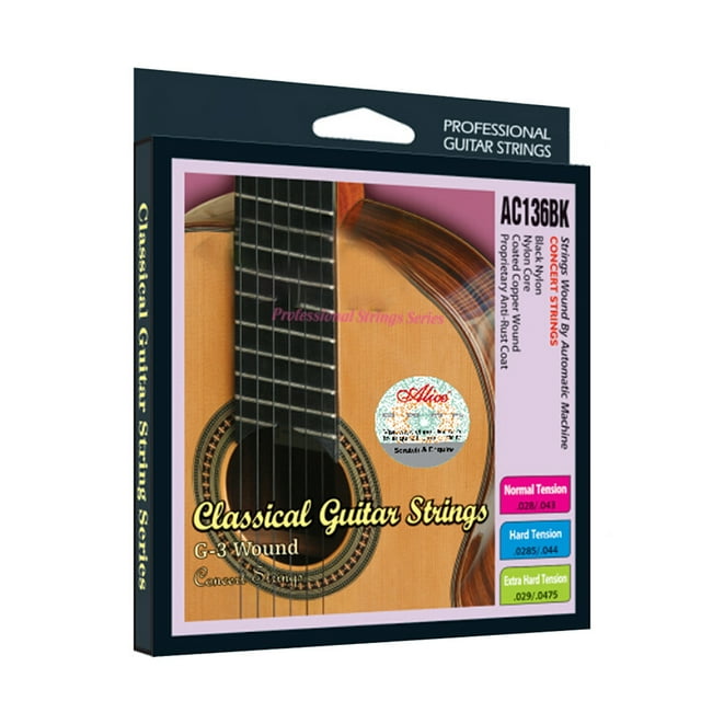 Set Alice AC136BK-H Black Nylon Classical Guitar Strings 6pcs/set .0285-.044 Hard Tension with One Complimentary G-3rd String