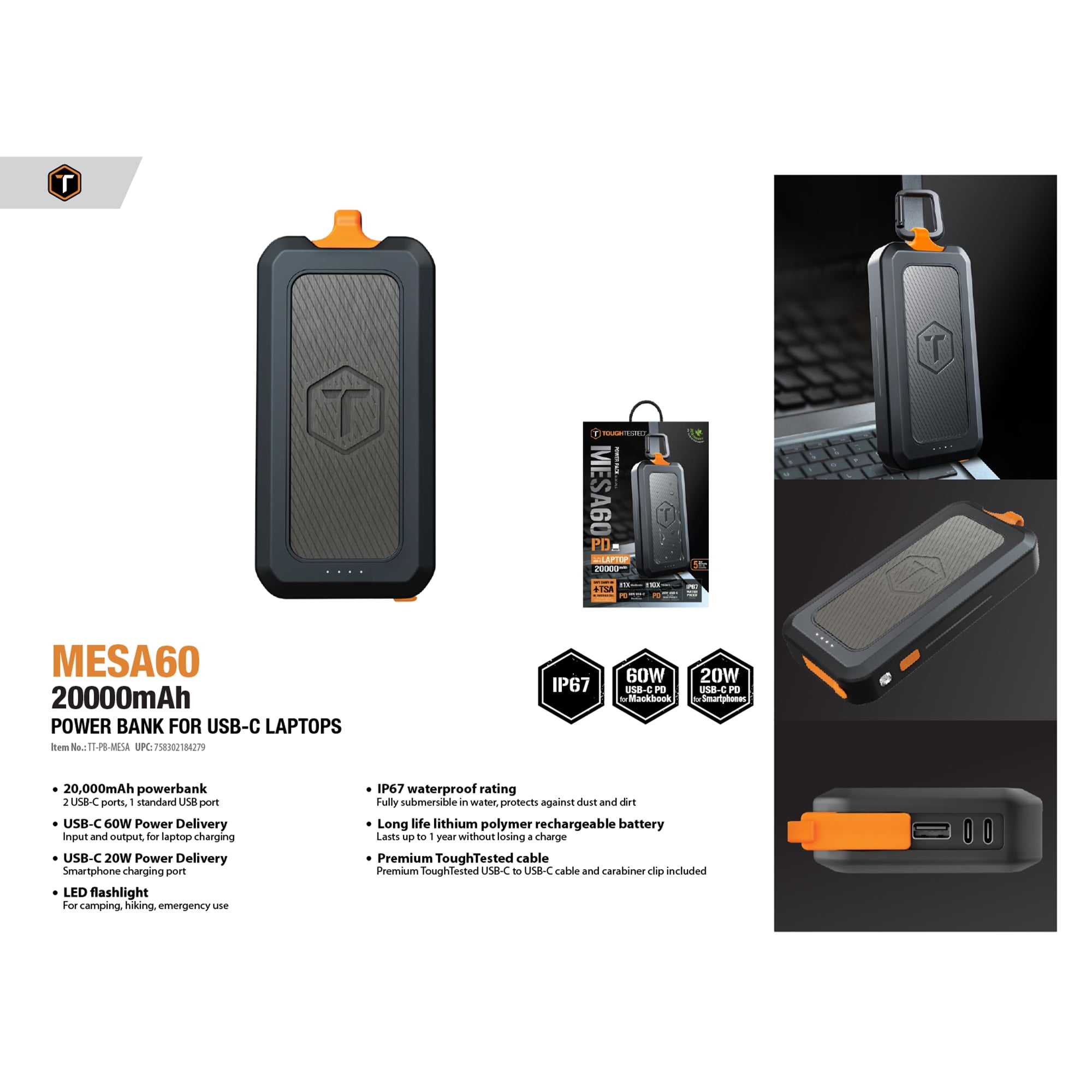 ToughTested MESA60 20,000mAh Rugged USB-C Power Bank, 60W and 20W Dual USB-C PD, USB-A Fast Charge, IP67 Waterproof Portable Charger with LED Flashlight, Cable and Carabiner, 5-Year Warranty