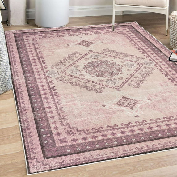 Ethnic Decorative Rug, Geometric Vintage Bohemian Design of Floral Ornaments in Dusty Tones, Quality Carpet for Bedroom Dorm and Living Room, 6 Sizes, Pink Plum and Off White, by Ambesonne