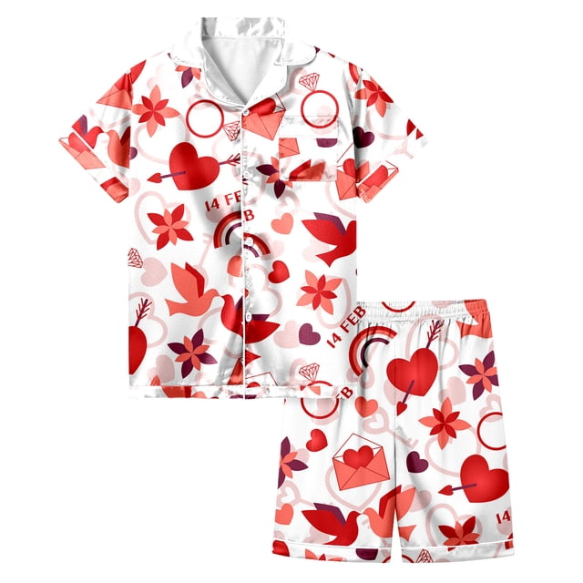 Ensemble de Pyjamas en Satin pour Filles Manches Courtes Imprimé Pyjamas Boutonnés Ensemble de Pyjamas Classiques Pj pour Filles Garçons Filles Mode