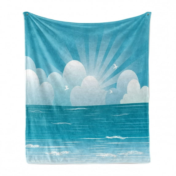 Cloud Soft Flannel Fleece Throw Blanket, Calming Scene of Rising Sun and Flying Seagulls over the Ocean, Cozy Plush for Indoor and Outdoor Use, 50" x 70", Azure Blue Baby Blue, by Ambesonne