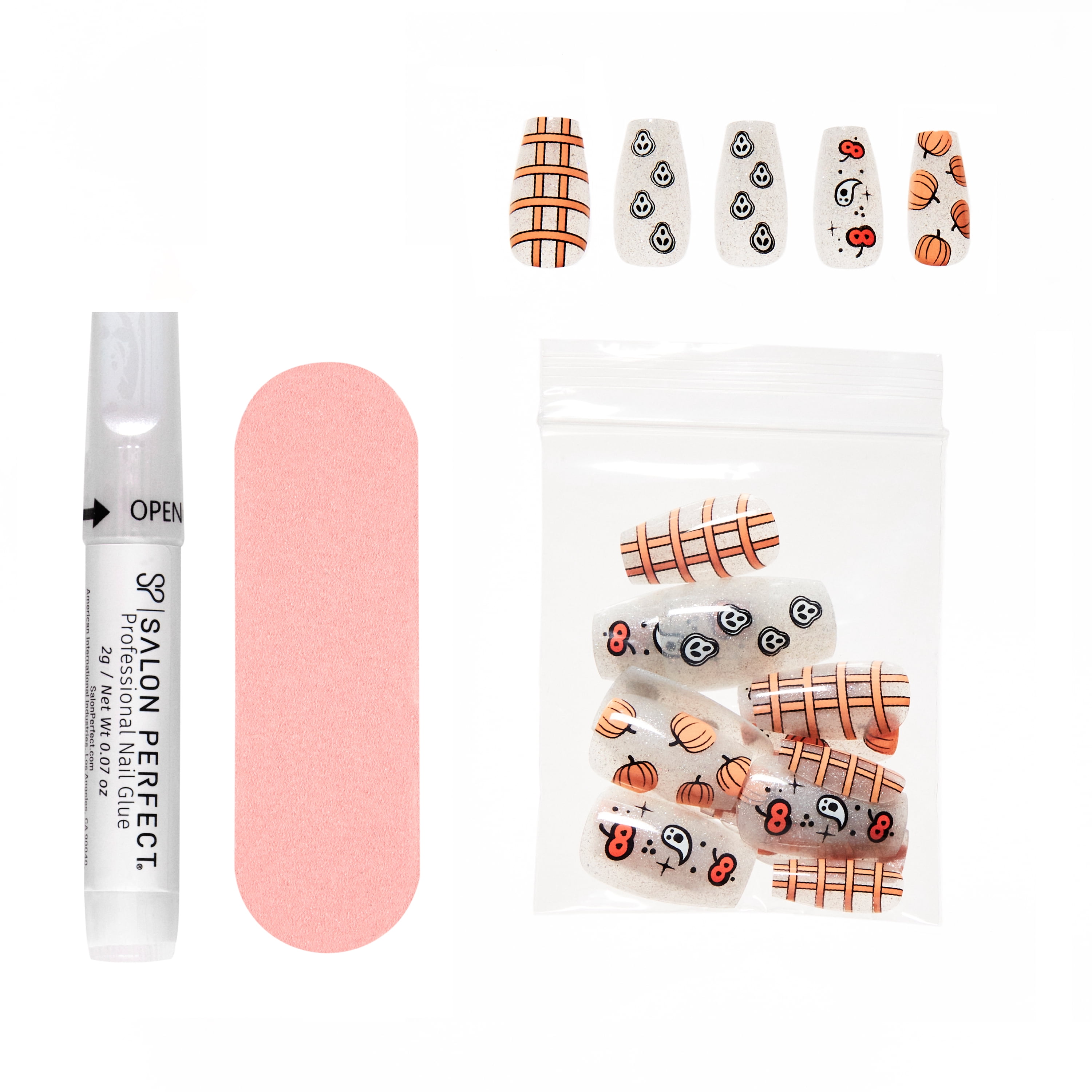 Salon Perfect Falloween Press On Nails, 331 Pumpkin Ghost Design, File & Glue Included, 30 Nails