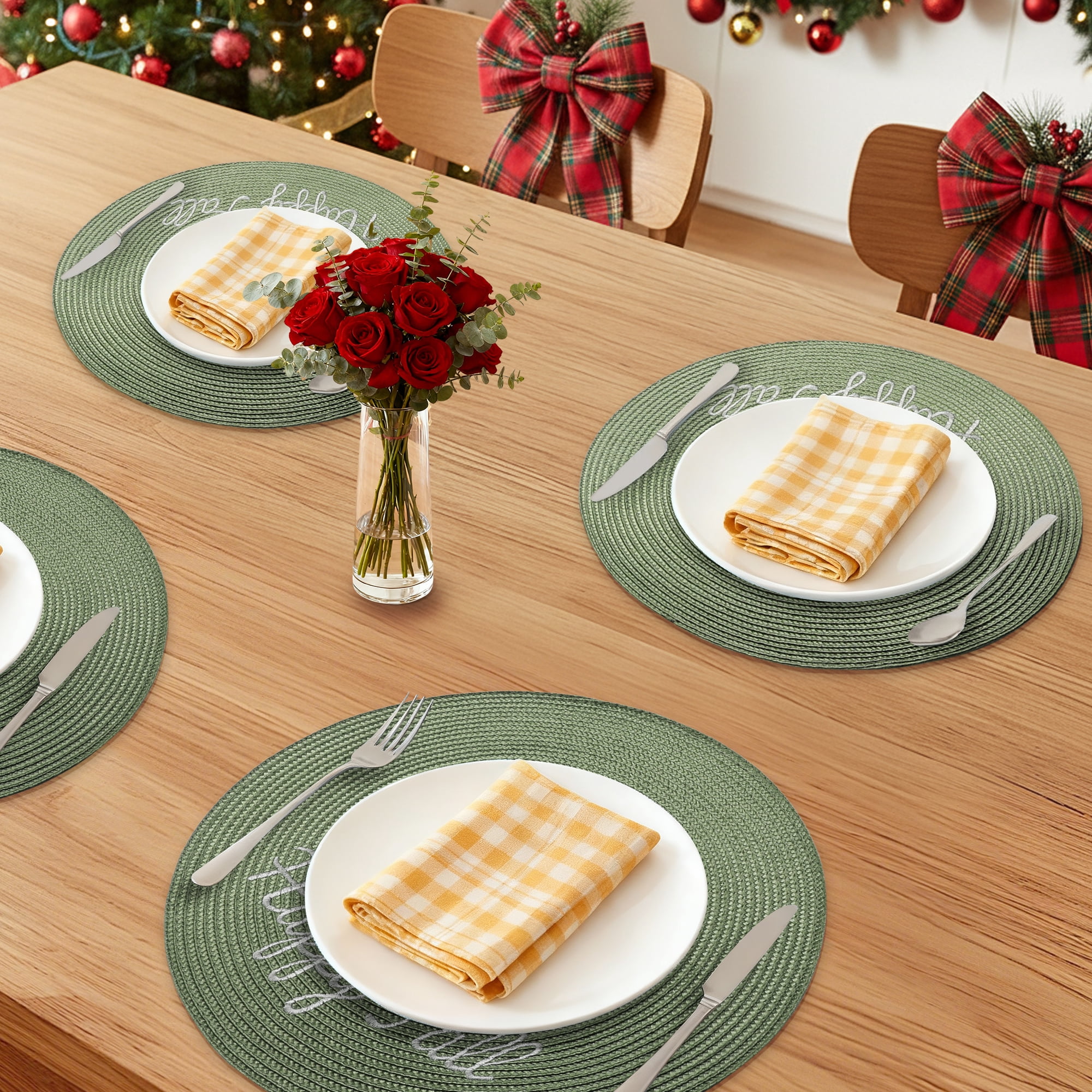 Unique Bargains Farmhouse Solid Placemats Set of 6 Woven for Dining Table Decor Army Green