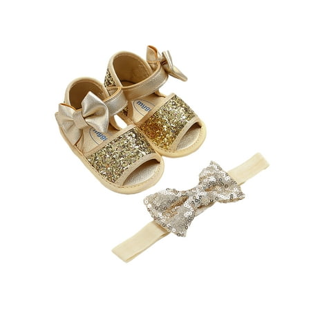 

Seyurigaoka Infant Baby Girls Sandals Sweet Style Sequin Princess First Walker Shoes with Bow Headband