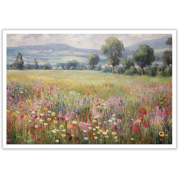 Spring Wildflowers Poster Vintage Floral Botanical Landscape Canvas Wall Art Rustic Meadow Blooming Wildflowers Prints Painting For Home Bedroom Living Room Office Wall Decorin Framed