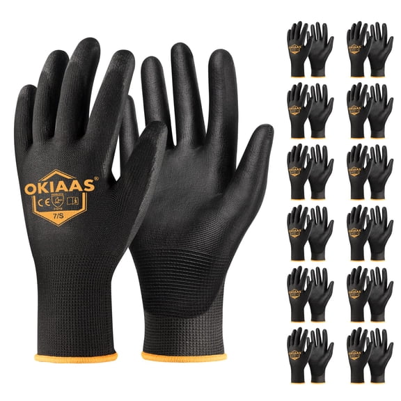 OKIAAS Work Gloves for Men 12 Pairs Black Small Ultra Thin Lightweight Polyurethane Coated Grip for Construction Warehouse Gardening