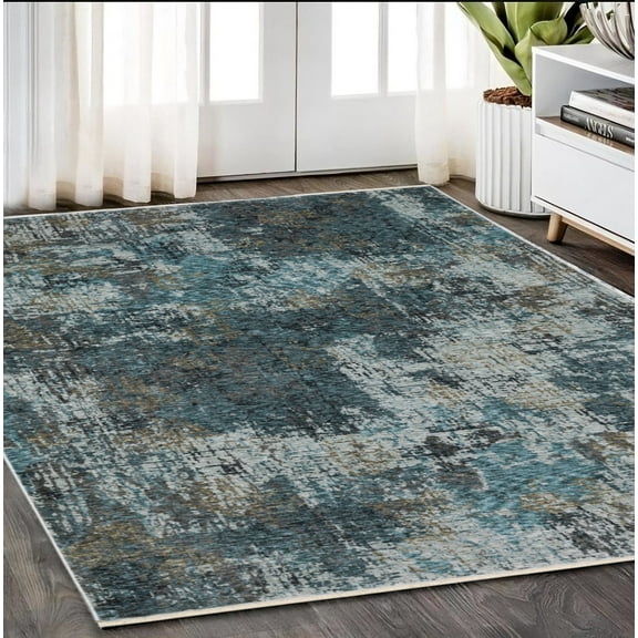 5' X 8' Blue And Gray Abstract Distressed Area Rug With Fringe