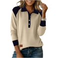 thumbnail image 5 of Vinsonshop Womens Long Sleeve Polo Shirts Color Block Button Down Collared V Neck Casual Ribbed Knit Henley Tops Fall Fashion Beige L, 5 of 6