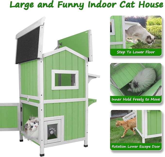 Gowoodhut Outdoor  House for Cats,Outside Feral Cats Shelter,Indoor Cat House,2 Story Wooden Kitten Cage with Weatherproof & Openable Roof, Escape Door,Removable Floors