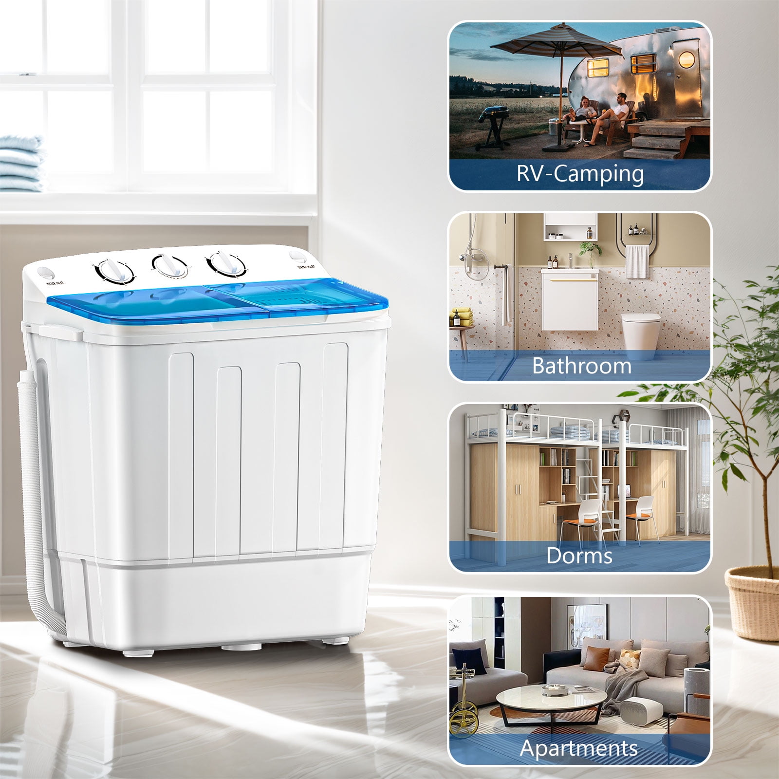 Dimedeal Portable Twin Tub Mini Washing Machine, Washer & Spinner with Drying Rack & Hangers, Mini Compact Laundry Machine with Spinner, Mini Washer for Dorms, Apartment