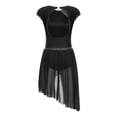 thumbnail image 4 of inlzdz Womens Shiny Rhinestone Lyrical Dance Leotards Short Sleeve Ruched Mesh Splice Figure Ice Skating Dress Black L, 4 of 6