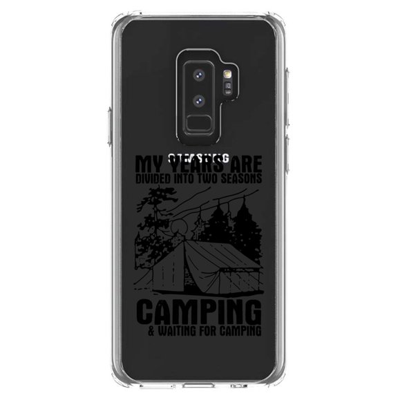 DistinctInk Clear Shockproof Hybrid Case for Samsung Galaxy S9  PLUS (6.2" Screen) - TPU Bumper Acrylic Back Tempered Glass Screen Protector - Two Seasons - Camping, Waiting for Camping