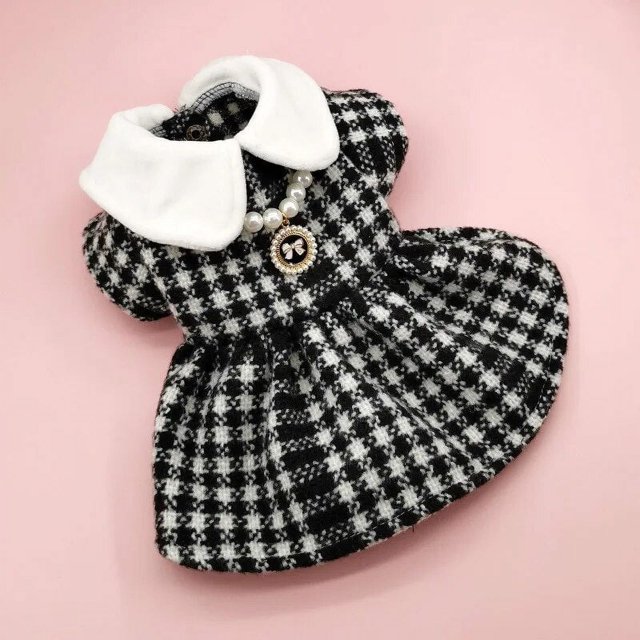 Cat and Dog Dress Autumn Winter New Woolen Coat Black Red Plaid Princess Skirt +Necklace + Corsage Warm Pet Clothing ShopWise Round