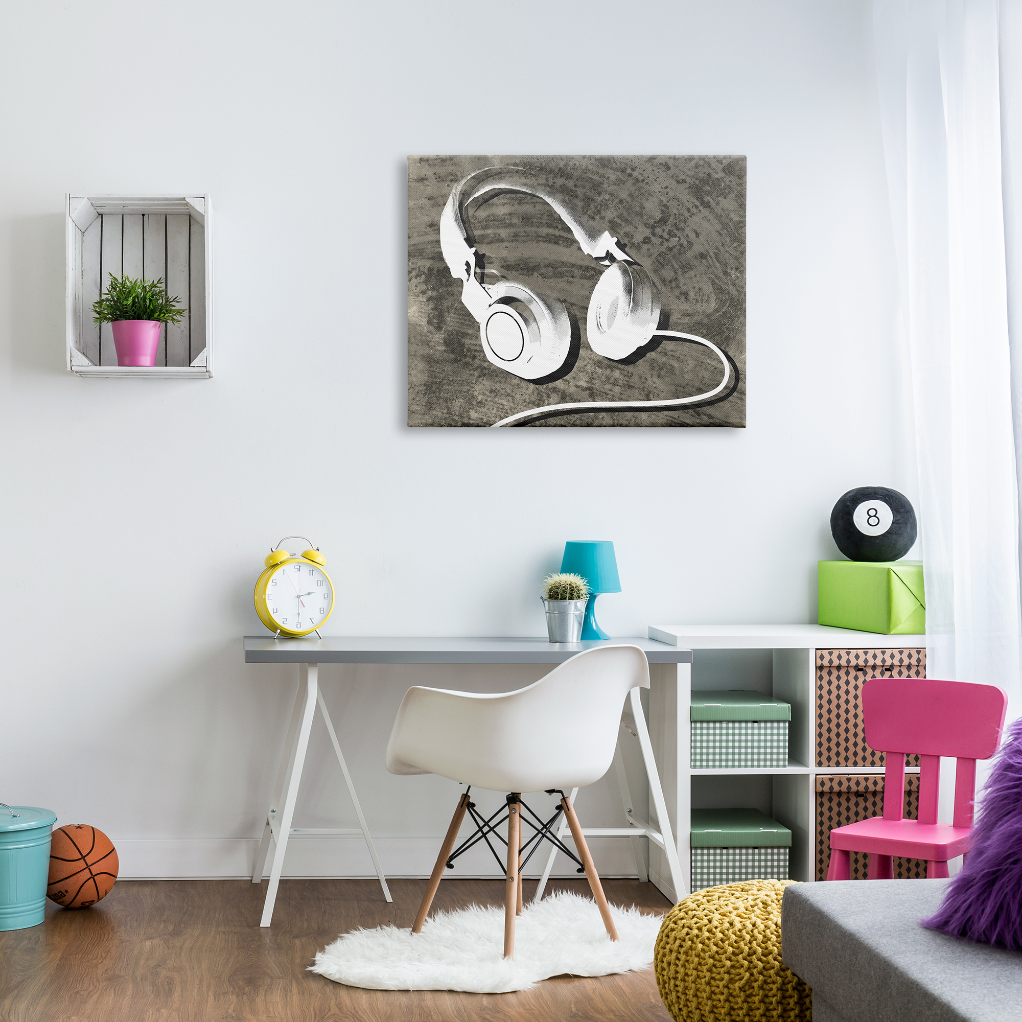 Stupell Industries Music Headset Over Brown Rustic Wood Grain Pattern, 40 x 30, Design by Daphne Polselli
