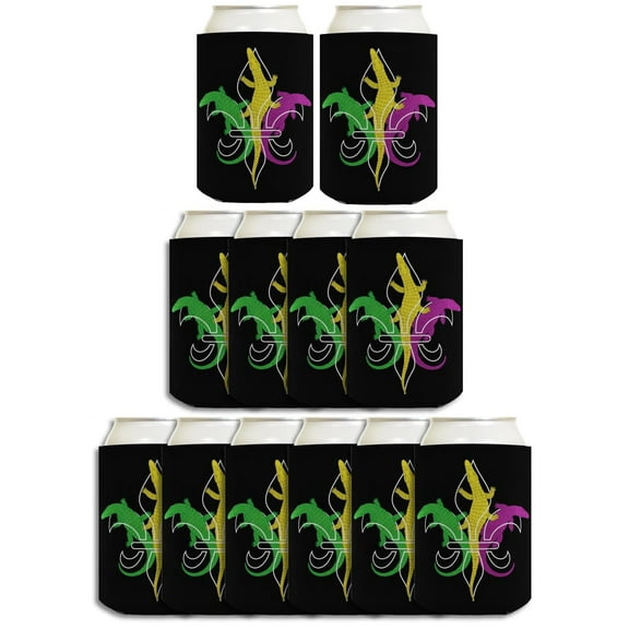 Green Gold Party Decor Fleur-de-lis Alligators 12-Pack Can Coolers Coolies