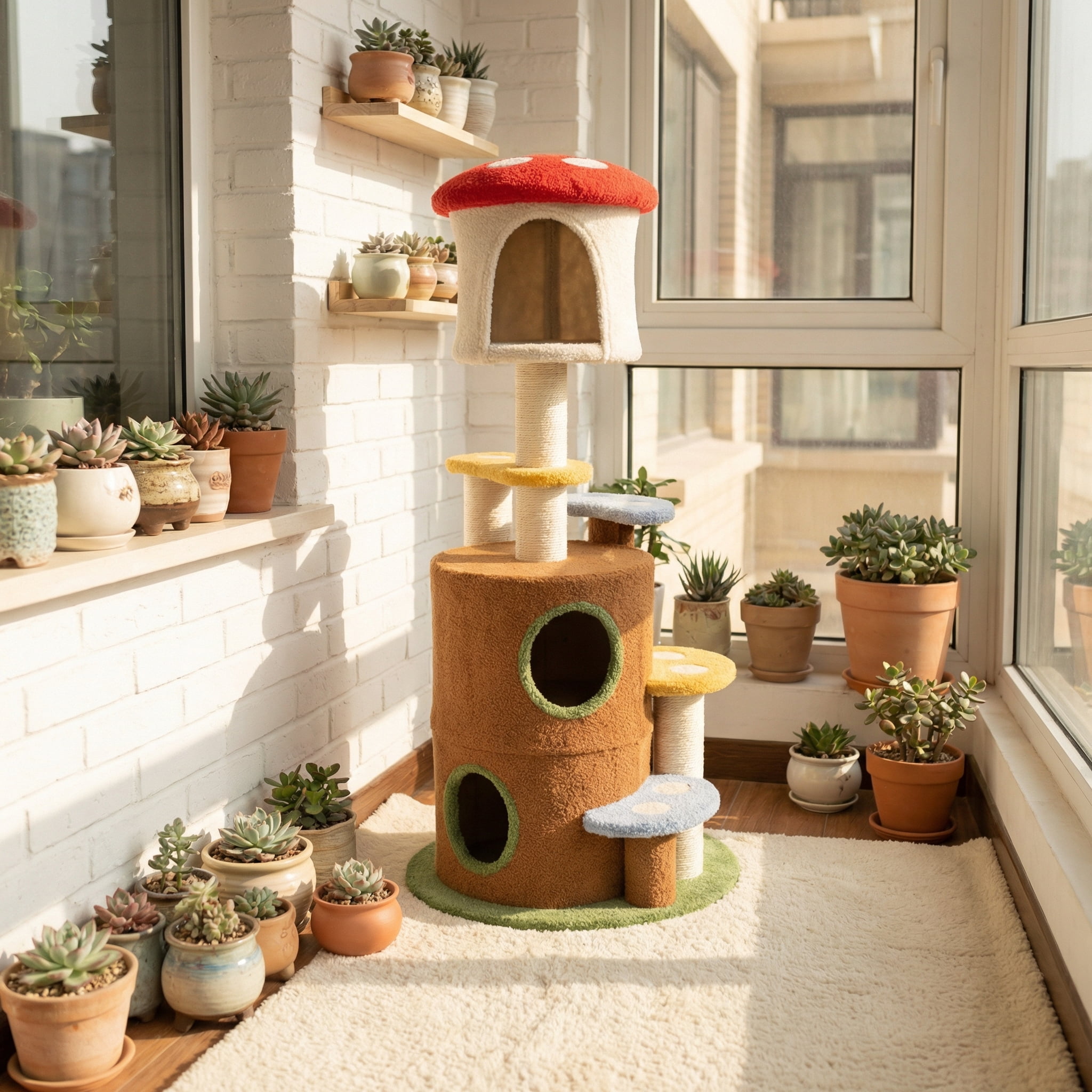 Mushroom Cat Tree, Cozy Condo Hideouts, Soft Plush, Sisal Scratching Posts, Forest Decor