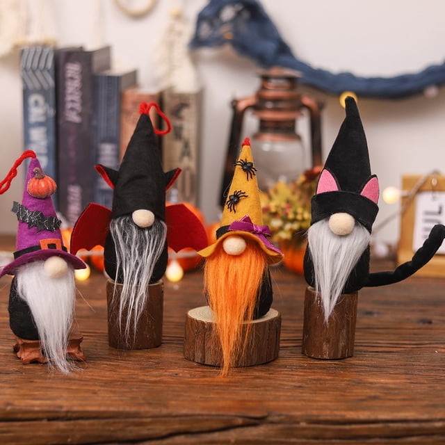 SUSUchens Muñeco de gnomo de Halloween Murciélago espeluznante Calabaza Araña Gato negro Sombrero de bruja Barba completa Gnomo de escritorio sin rostro Adorno de peluche Favores de fiesta Naranja