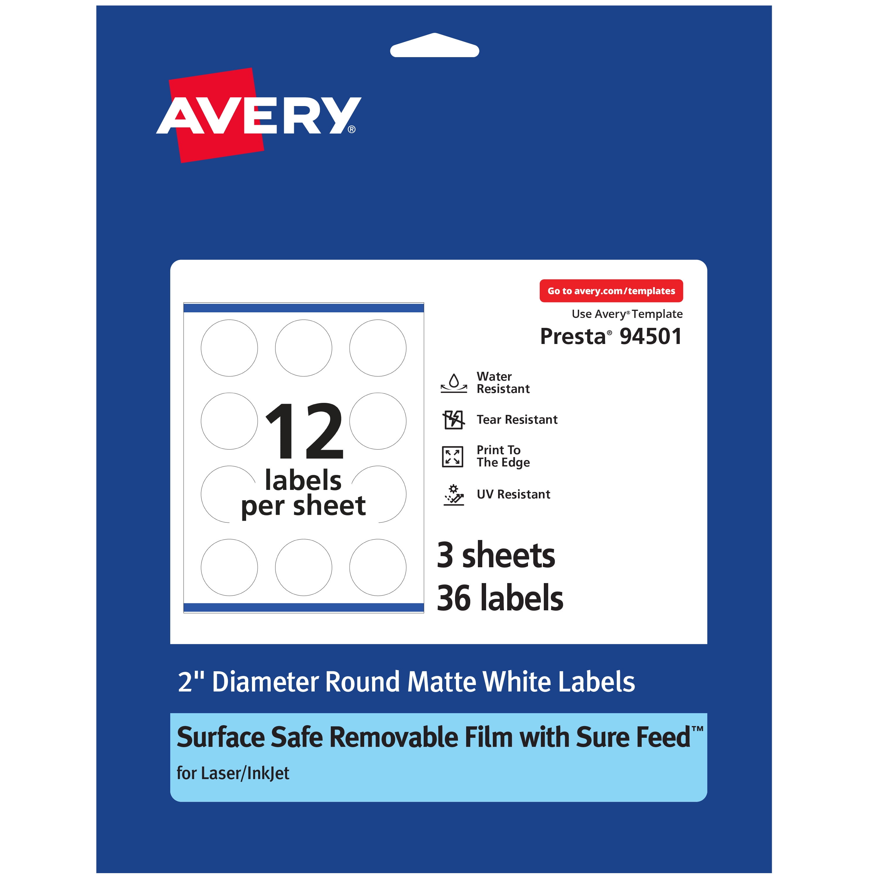 Avery Round Labels with Sure Feed, 2' Diameter, 36 White Labels, Print-to-the-Edge, Surface Safe Clean Removable Label Adhesive, Laser/Inkjet Printable Labels