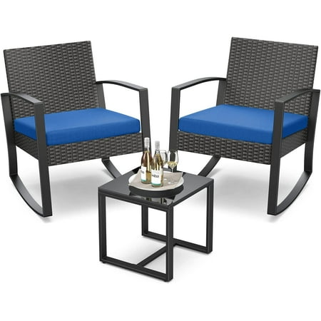 Aiho 3 Piece Patio Bistro Set, Outdoor Furniture Rocking Chair Set with Glass Table Rattan for Balcony, Patios, Blue Cushion