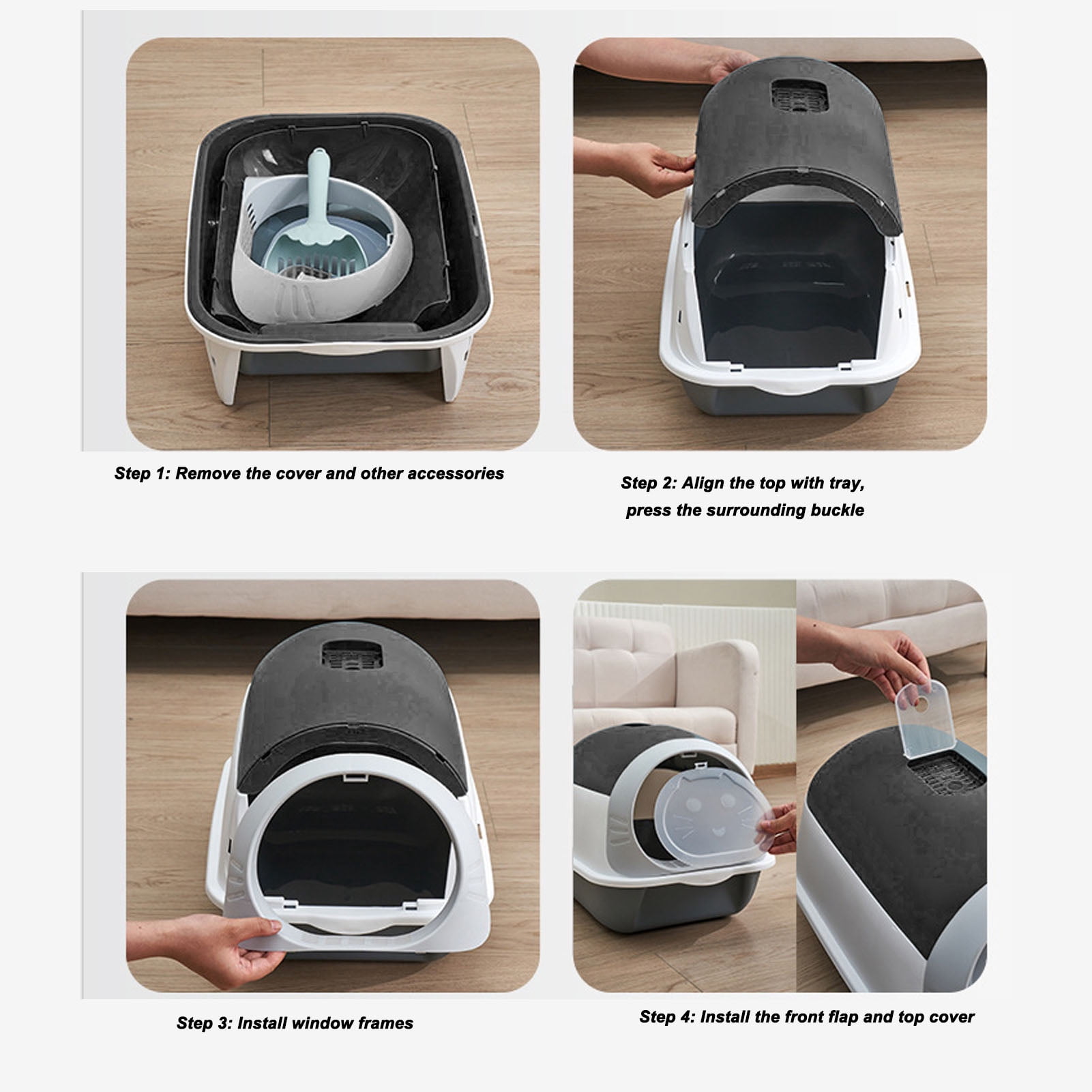 LAZIOEGR Enclosed Plastic Litter Box Extra Large Odor Resistant Easy Cleaning Covered Kitty Litter Box with Scoop for Indoor Cats, Black (20.87 inches / 53 cm)