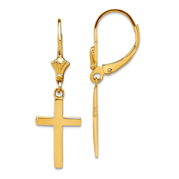 10k Solid Yellow Gold Polished Religious Faith Cross Leverback Earrings 33.22x10.5mm Wide Stud Earring for Women