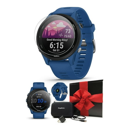 Garmin Forerunner 255 (Tidal Blue) GPS Running Smartwatch | Gift Box Bundle with HD Screen Protectors, Wall Adapter & Protective Case