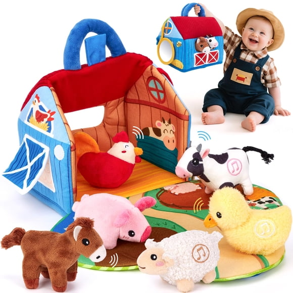 hahaland Baby Toys 6-12 Months - Surprise Barn with Stuffed Farm Animals with Real Sounds & Word Repeats, Mirror- Sensory Toy Montessori To