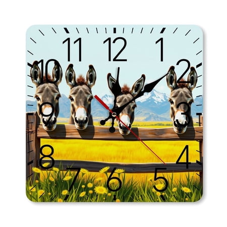 RKSupls 10×10inch Square Silent Wall Clock Wooden Frame, Donkeys Countryside Fence Scale Decorative Clock for Home Bedroom Living Room Office