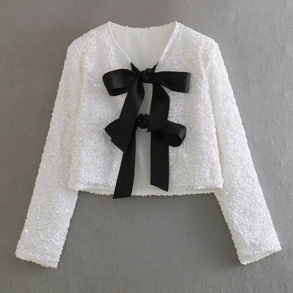 Wowcloth Woman's Sequin and Bow Decorated Blazer, Round Neck Long Sleeve Cropped Jacket for Party and Casual Wear
