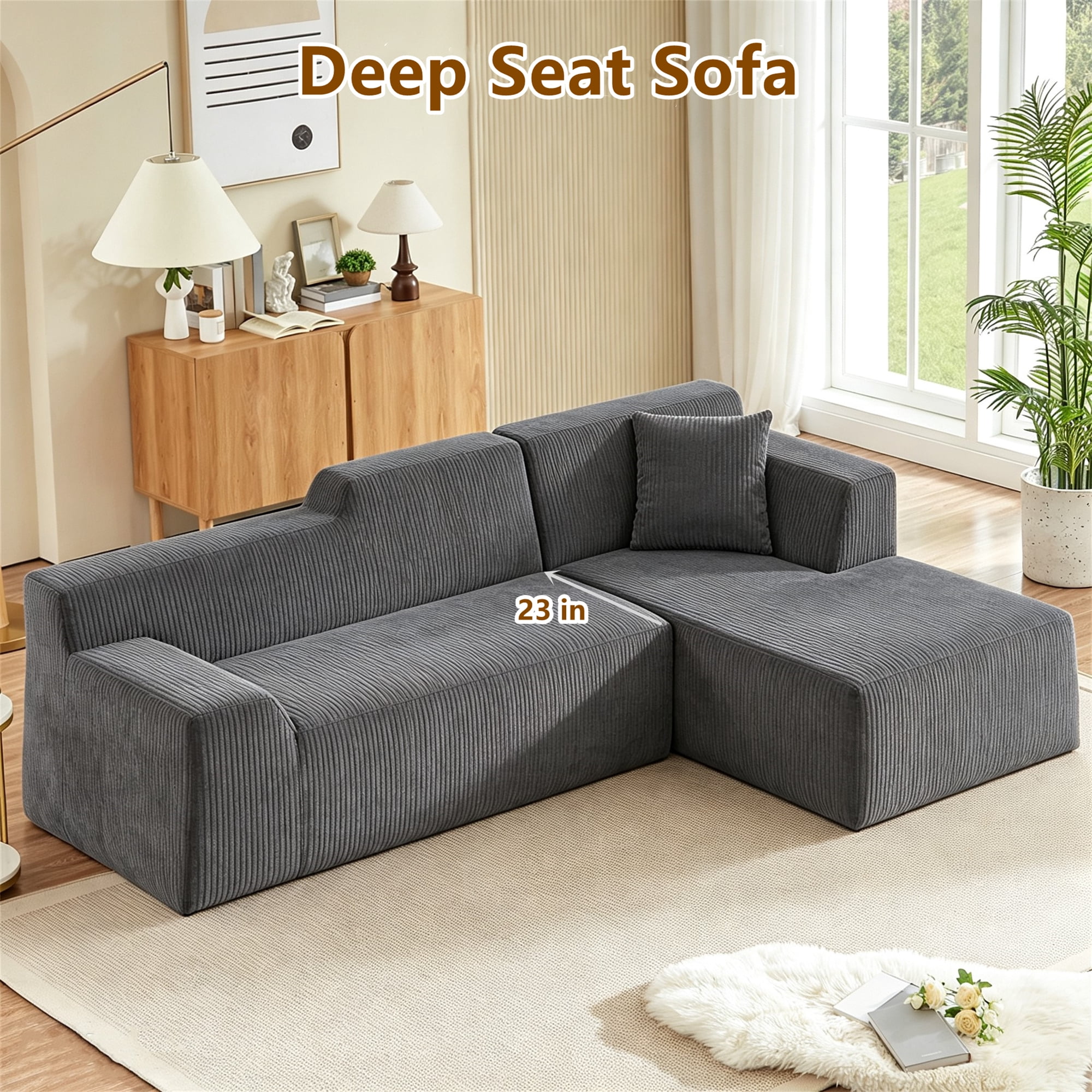 Aukfa 97" Cloud Sectional Sofa Tight Back Boneless Couch Modular L-Shaped Couch, Right Chaise Corduroy Sofa for Living Room, Gray