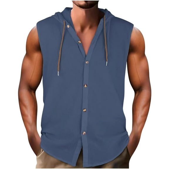 HOOMEUMY Men's Summer Sleeveless Button Down Tank Top Linen Cotton Hooded Vest Solid Color Beach Tank Tops Navy XXXL