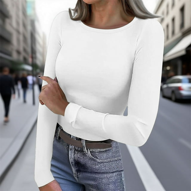Haut à Manches Longues Doublé en Polaire Thermique pour Femmes, Col Rond en Velours Double Face, Couche de Base pour Automne Hiver, Confort Chaud, Blanc TG