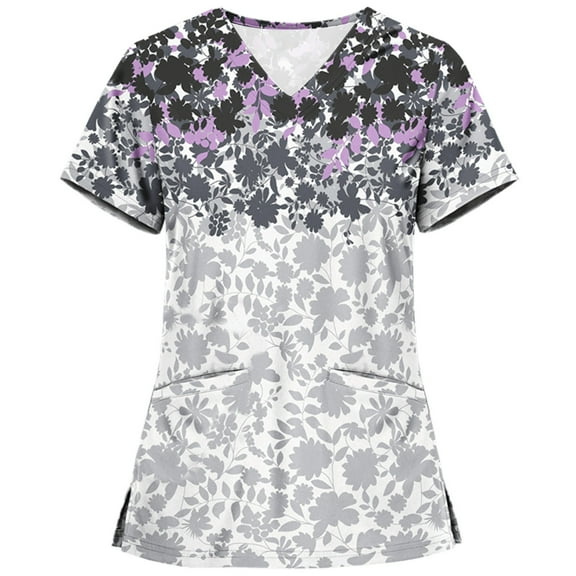 Paiwinds Women Scrubs Tops with Pocket Short Sleeve V-neck Nurse Tops Printed Working Uniform Blouse Working Tops Gray,2XL