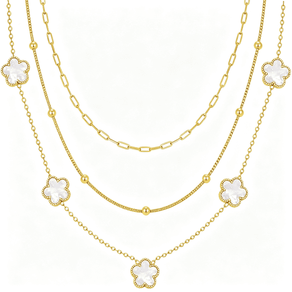 DESIGNICE Gold Layered Necklace for Women - 3Pcs 18K Gold Plated Floral Necklaces, Stainless Steel Stackable Cuban Link Chain Non Tarnish Trendy Jewelry, Herringbone Chains Christmas Birthday Gifts