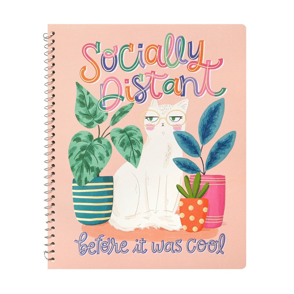 Spiral Notebook 1 Subject Wide Ruled Socially Distant Cat greenroom