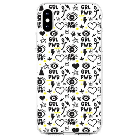 DistinctInk Clear Shockproof Hybrid Case for iPhone X / XS (5.8 Screen) - TPU Bumper Acrylic Back Tempered Glass Screen Protector - Girl Power - GRL PWR - Yellow Black