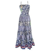 Mogul Womens Maxi Patchwork Dress Blue Printed Gothic Long Sphagetti Dresses S