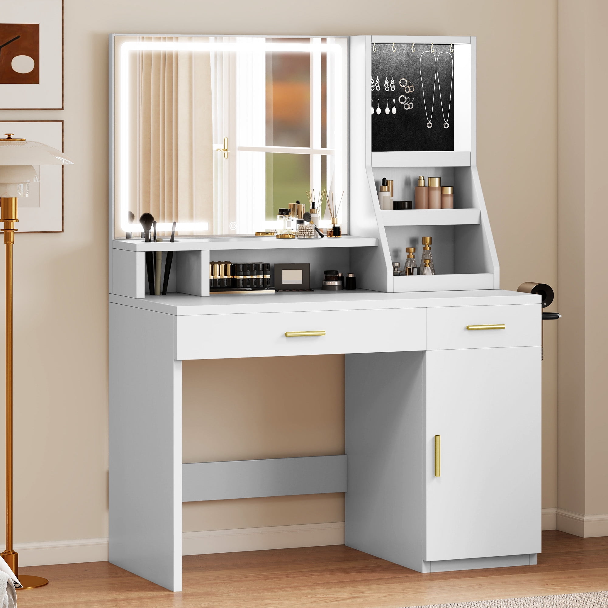 Uforic Makeup Vanity Desk with LED Mirror and Power Outlet, White