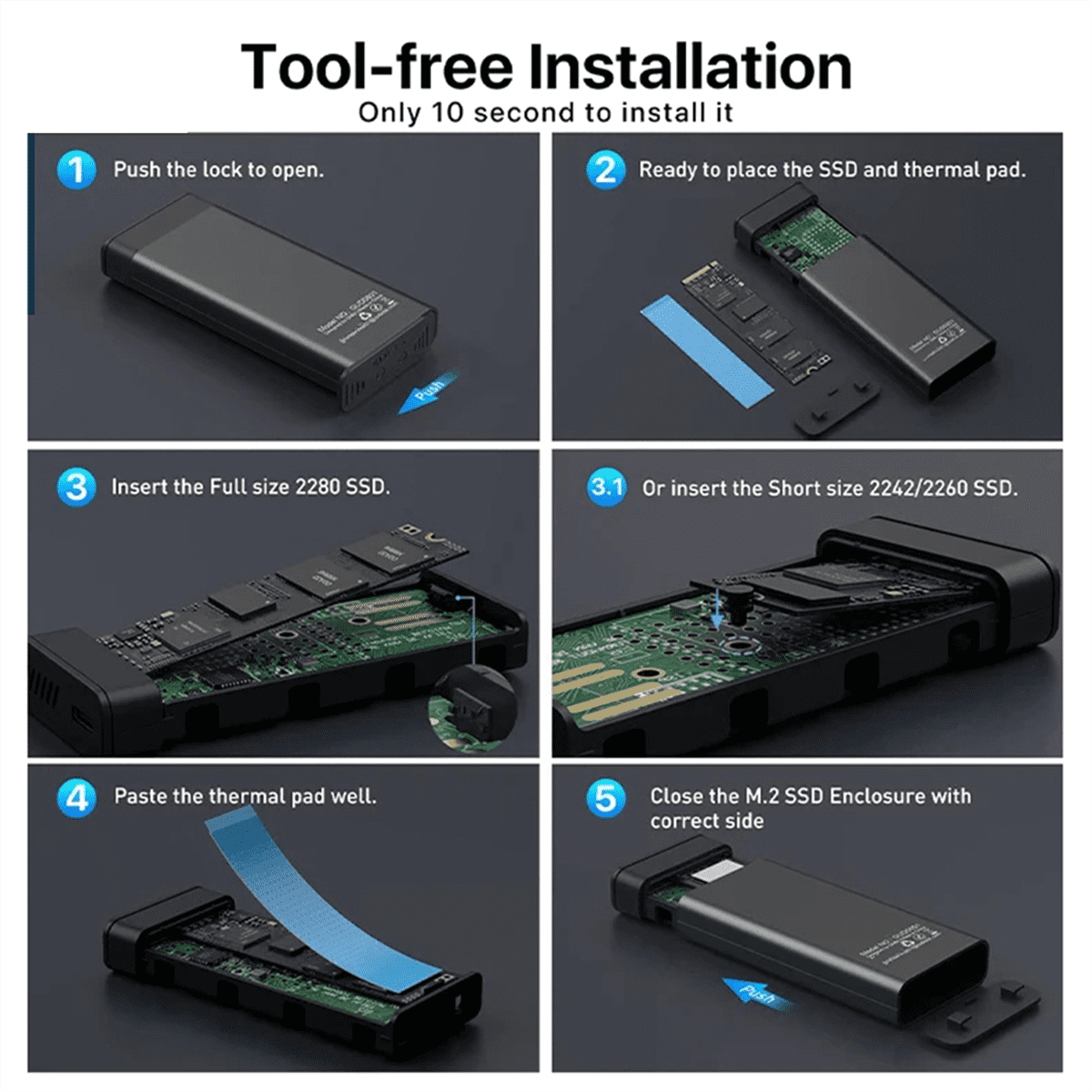 M2 SSD Case M.2 NVMe SATA Enclosure Adapter 10Gbps USB 3.2 Gen2 C External Supports M and B Keys
