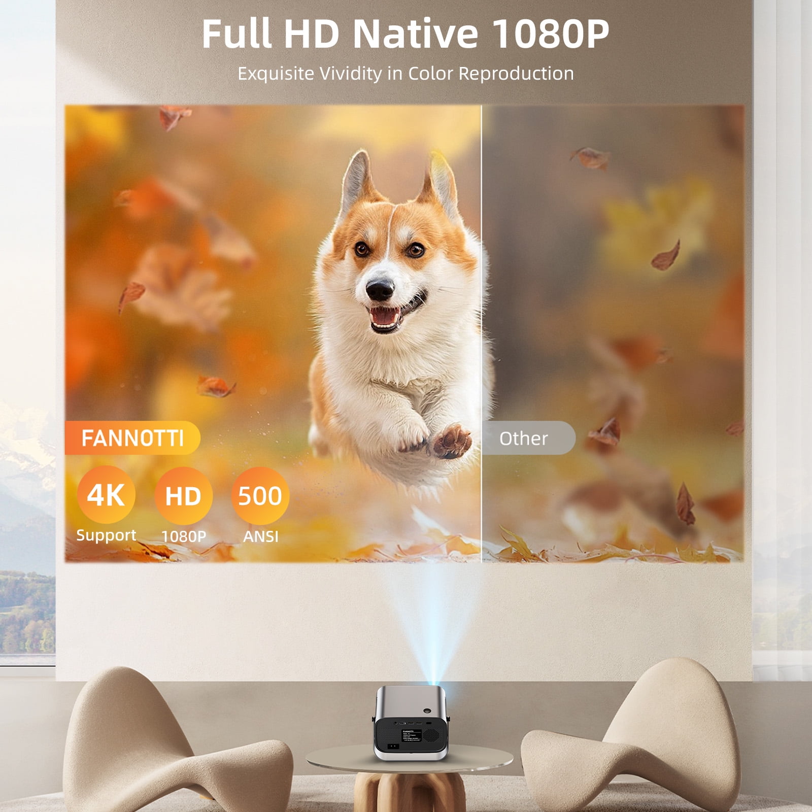 Smart Projector, Native 1080P with 4K Support, WiFi Bluetooth, Auto Focus, Keystone Correction, 360° Stand, 300'' Display for Home Theater
